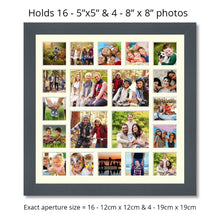 Load image into Gallery viewer, Extra Large Multi Photo Picture Frame Holds 16 5"x5" and 4 8"x8" photos in a dark grey frame - Multi Photo Frames