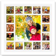 Load image into Gallery viewer, Extra Large Multi Photo Picture Frame Holds 16 5"x5" photos and 1 16" x 16" photo in a White Wood Frame - Multi Photo Frames