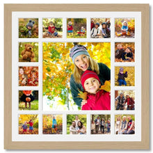 Load image into Gallery viewer, Extra Large Multi Photo Picture Frame Holds 16 5"x5" photos and 1 16" x 16" photo in an Oak Veneer Frame - Multi Photo Frames
