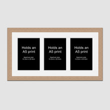 Load image into Gallery viewer, Picture Frame holds 3 A5 prints or photos in an Oak Veneer Wood Frame - Multi Photo Frames