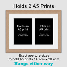 Load image into Gallery viewer, Picture Frame to hold 2 A5 prints or photos in an Oak Veneer Wood Frame - Multi Photo Frames