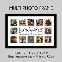 Load image into Gallery viewer, Multi Photo Picture Frame Holds 12 4&quot; x 4&quot; Photos in a Black Wood Frame | Family, where life begins and love never ends. - Multi Photo Frames
