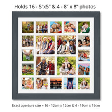 Load image into Gallery viewer, Extra Large Multi Photo Picture Frame Holds 16 5&quot;x5&quot; and 4 8&quot;x8&quot; photos in a dark grey frame - Multi Photo Frames
