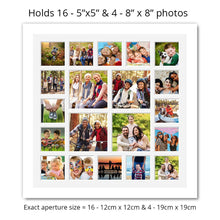 Load image into Gallery viewer, Extra Large Multi Photo Picture Frame Holds 16 5&quot;x5&quot; and 4 8&quot;x8&quot; photos in a White Frame - Multi Photo Frames
