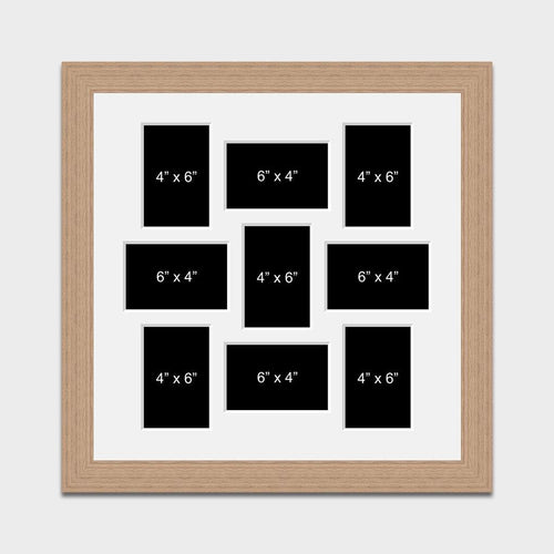 Multi Photo Picture Frame Holds to hold 9 6x4 Photos in a 30mm Oak Veneer Frame - Multi Photo Frames