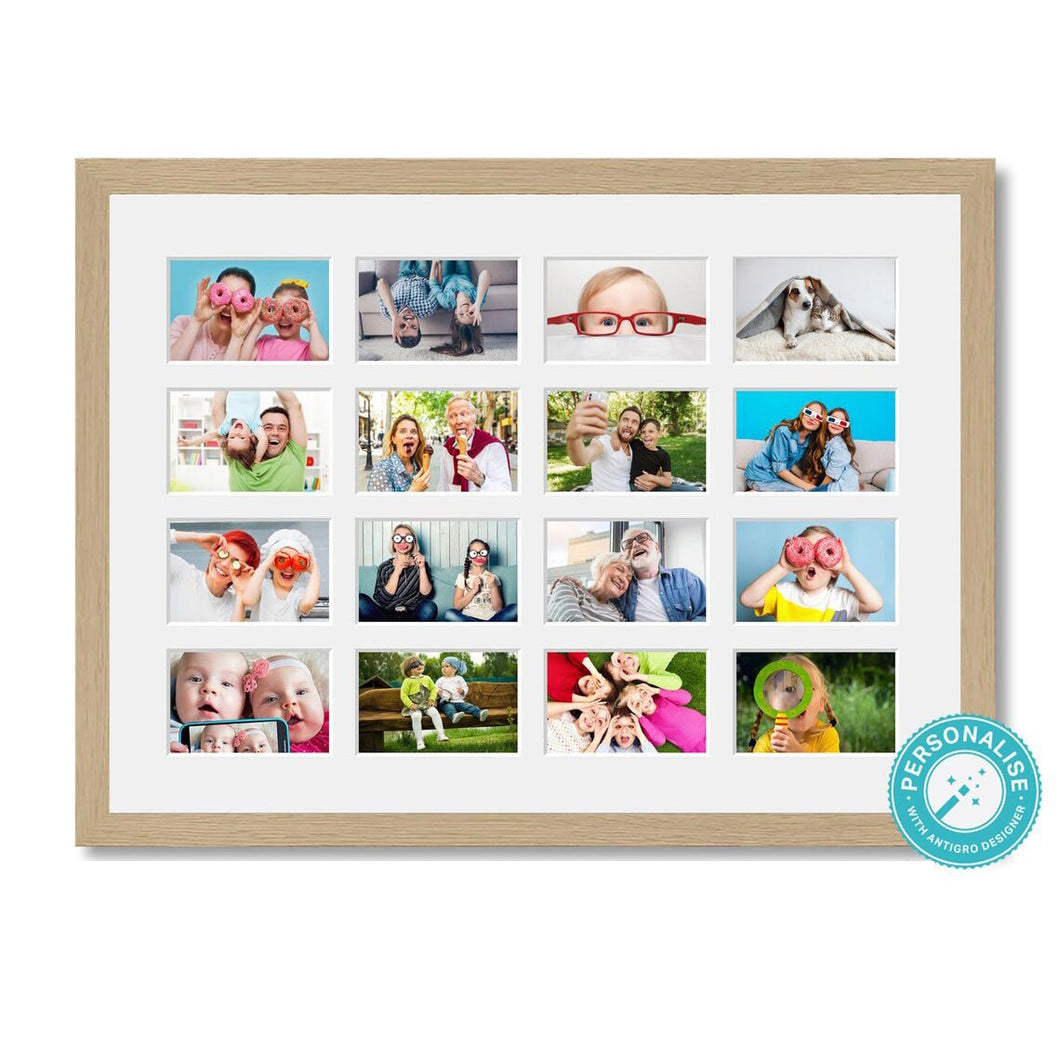 Personalised Photo Collage Printed and Framed for 16 Photos - Oak Veneer Frame - Multi Photo Frames