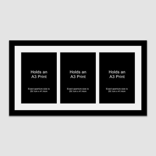 Picture Frame for 3 A3 prints or photos in a Black Wooden Frame - Multi Photo Frames