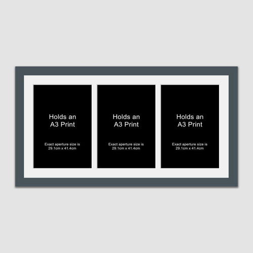 Picture Frame for 3 A3 prints or photos in a Grey Wooden Frame - Multi Photo Frames