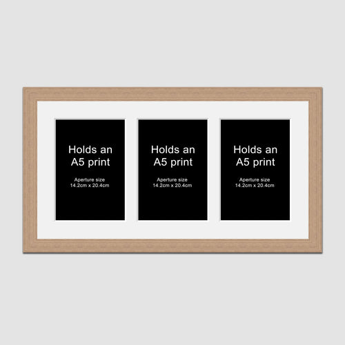Picture Frame holds 3 A5 prints or photos in an Oak Veneer Wood Frame - Multi Photo Frames