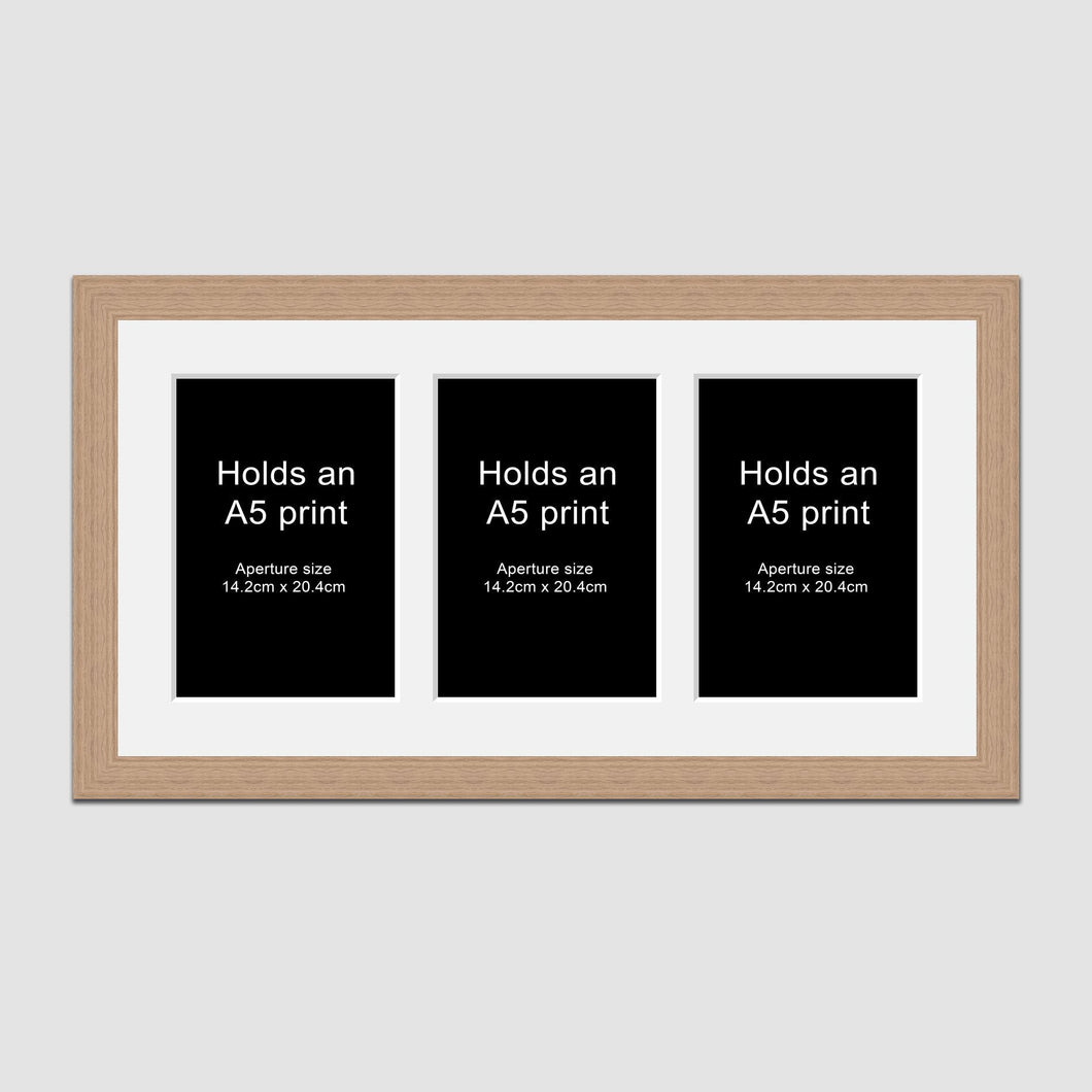 Picture Frame holds 3 A5 prints or photos in an Oak Veneer Wood Frame - Multi Photo Frames