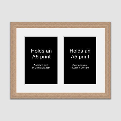 Picture Frame to hold 2 A5 prints or photos in an Oak Veneer Wood Frame - Multi Photo Frames