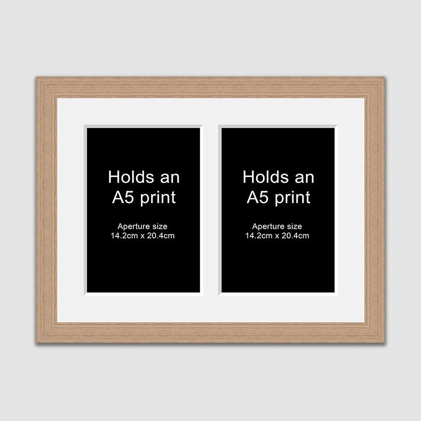 Picture Frame to hold 2 A5 prints or photos in an Oak Veneer Wood Frame - Multi Photo Frames